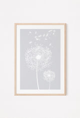 large light grey dandelion flower print displayed in a frame