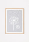 large light grey dandelion flower print displayed in a frame