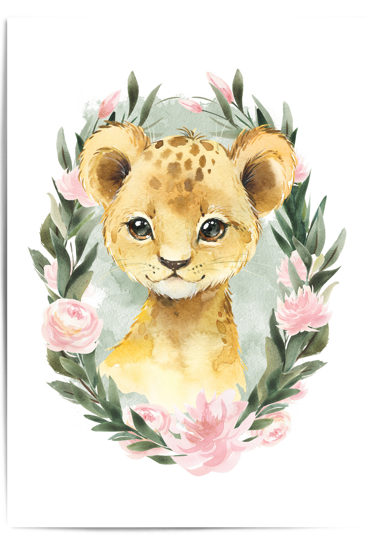 Watercolor lion cub nursery print with big eyes, surrounded by pink and green leaves on a soft sage green background – perfect for baby girl jungle rooms