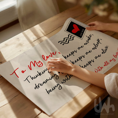 Above-the-bed framed quote print with romantic love letter in black and red text, perfect for couples’ bedroom wall art