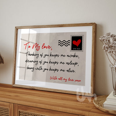 Above-the-bed framed quote print with romantic love letter in black and red text, perfect for couples’ bedroom wall art