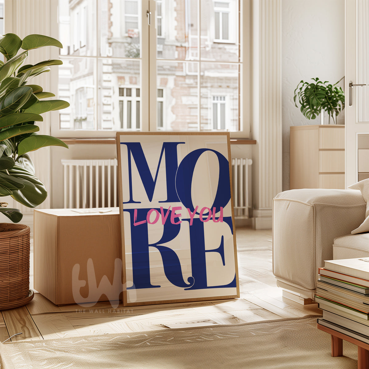 Love You More Typography Wall Art – Navy Blue & Pink Romantic Print