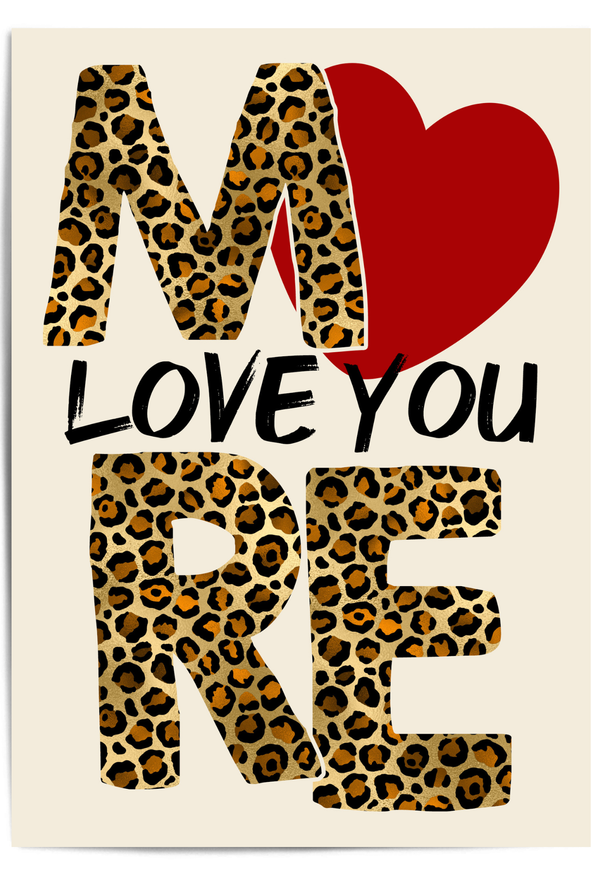 Love you more leopard print wall art with bold typography and red heart design
