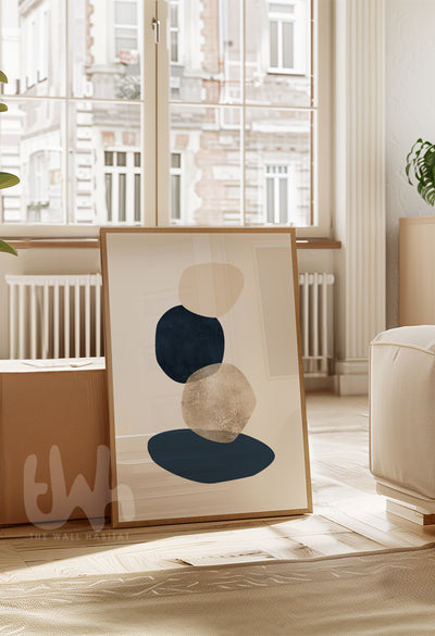 Abstract art piece on a stand in a modern living room