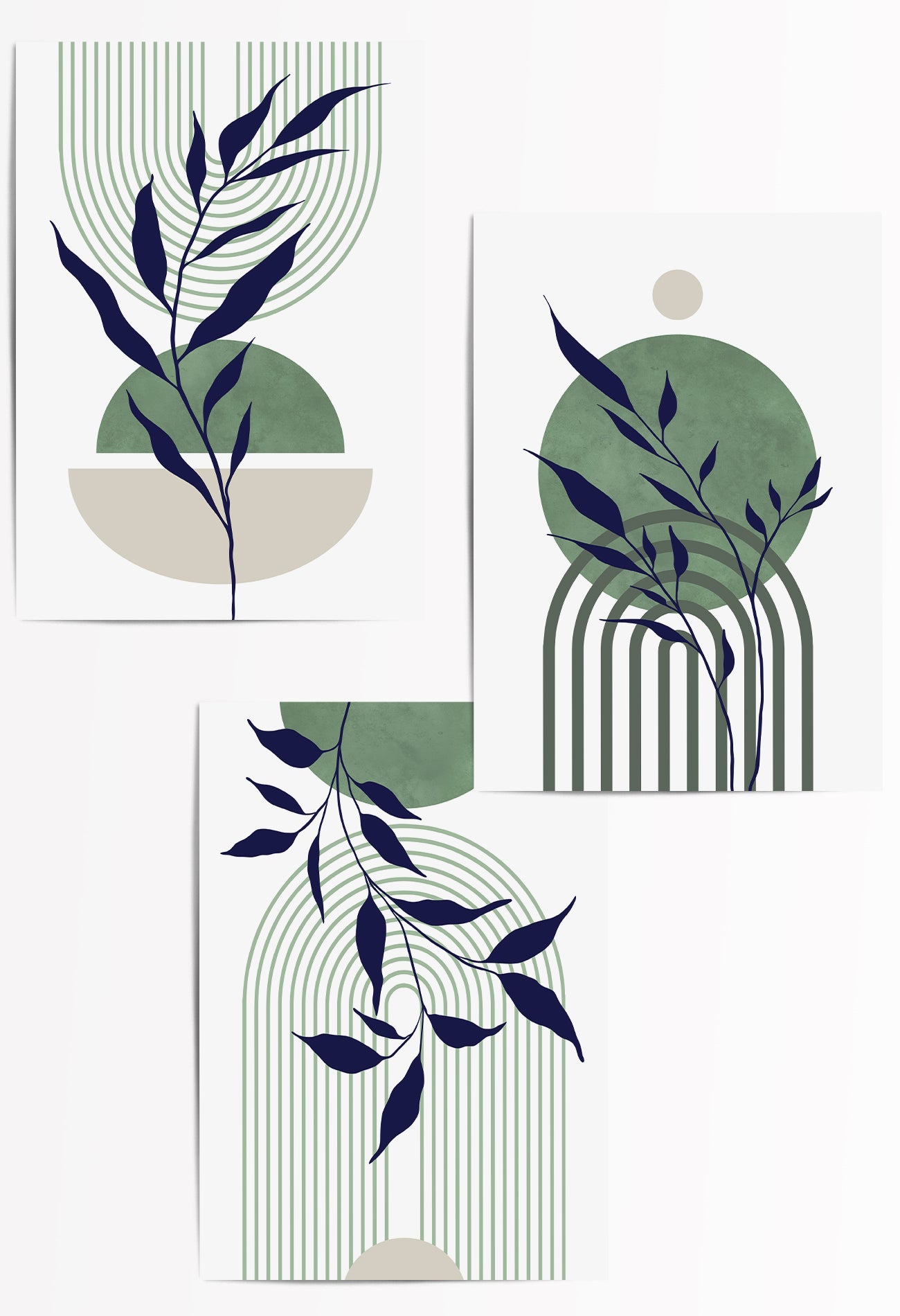 Set of 3 Navy Blue & Sage Green Wall Art | Digital Download, Fine Art Print & Framed Print