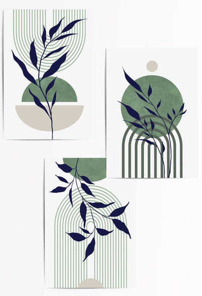 Set of 3 Navy Blue & Sage Green Mid-Century Modern Wall Art Prints – Abstract Botanical Poster Set for Living Room, Bedroom, or Office