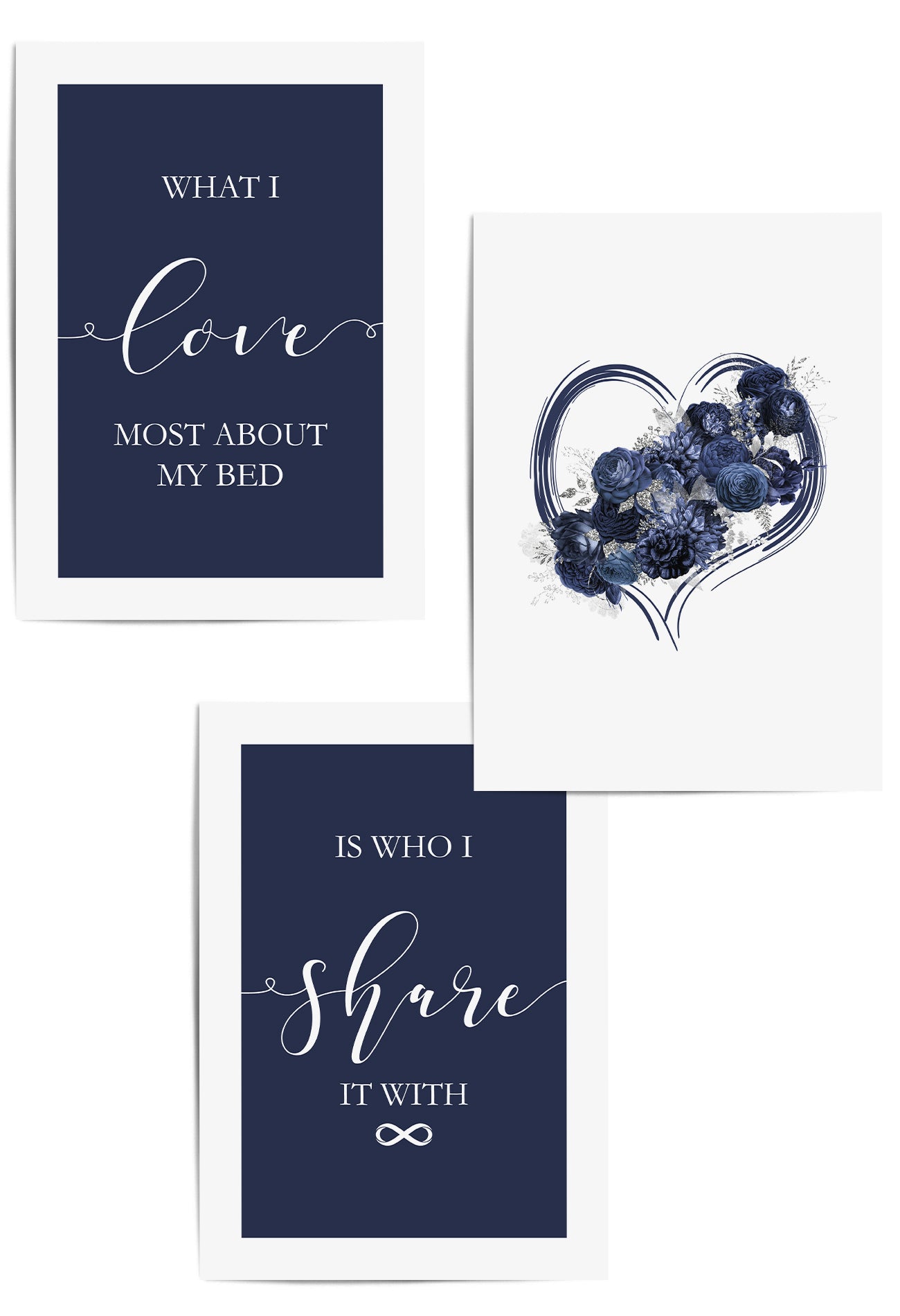 Navy blue and silver bedroom prints