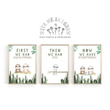 Three framed nursery wall art prints with sloth illustrations and text reading 'FIRST WE HAD EACH OTHER', 'THEN WE HAD YOU', and 'NOW WE HAVE EVERYTHING'