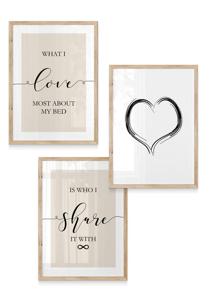 oak framed set of 3 black and beige bedroom wall art prints