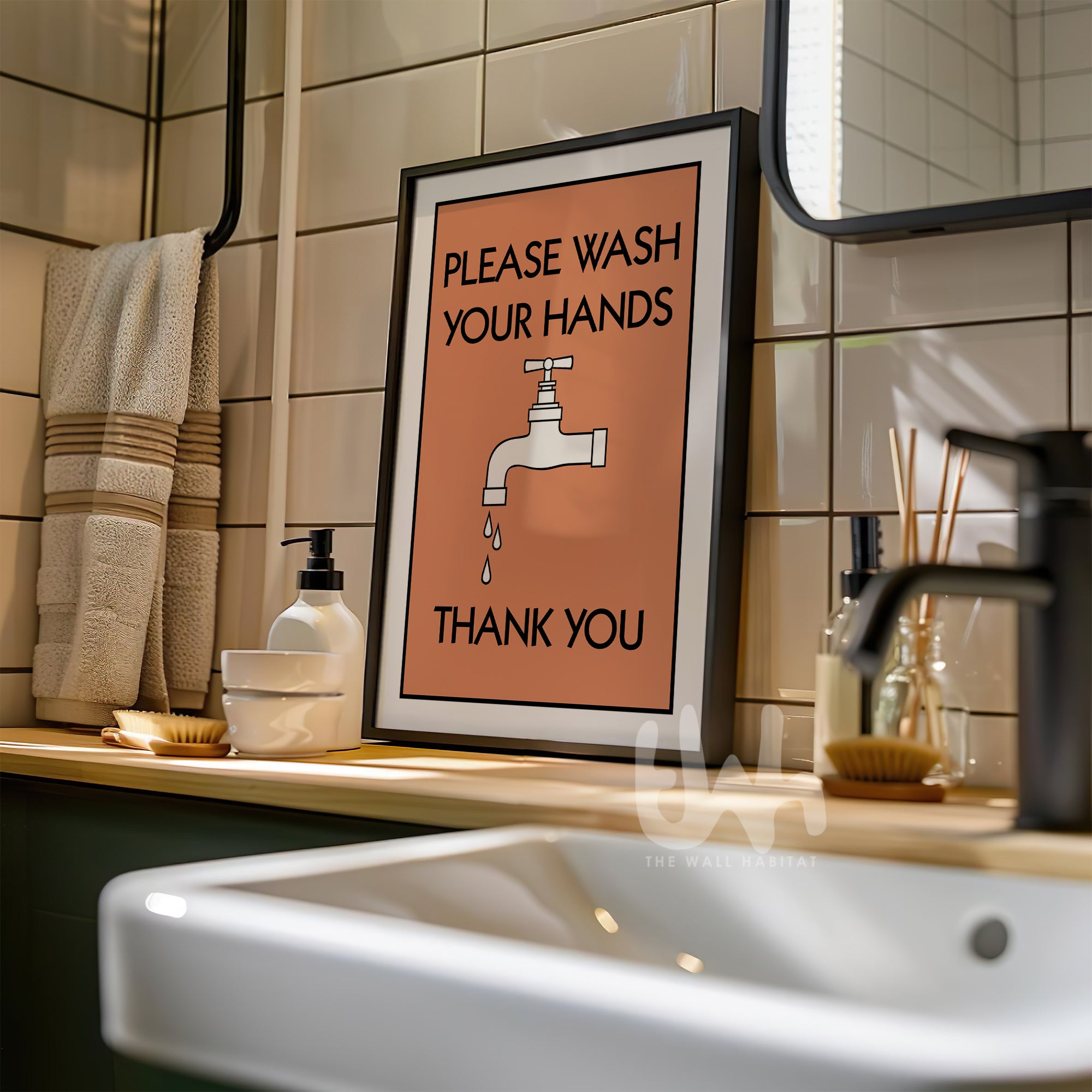Orange please wash your hands bathroom wall art print