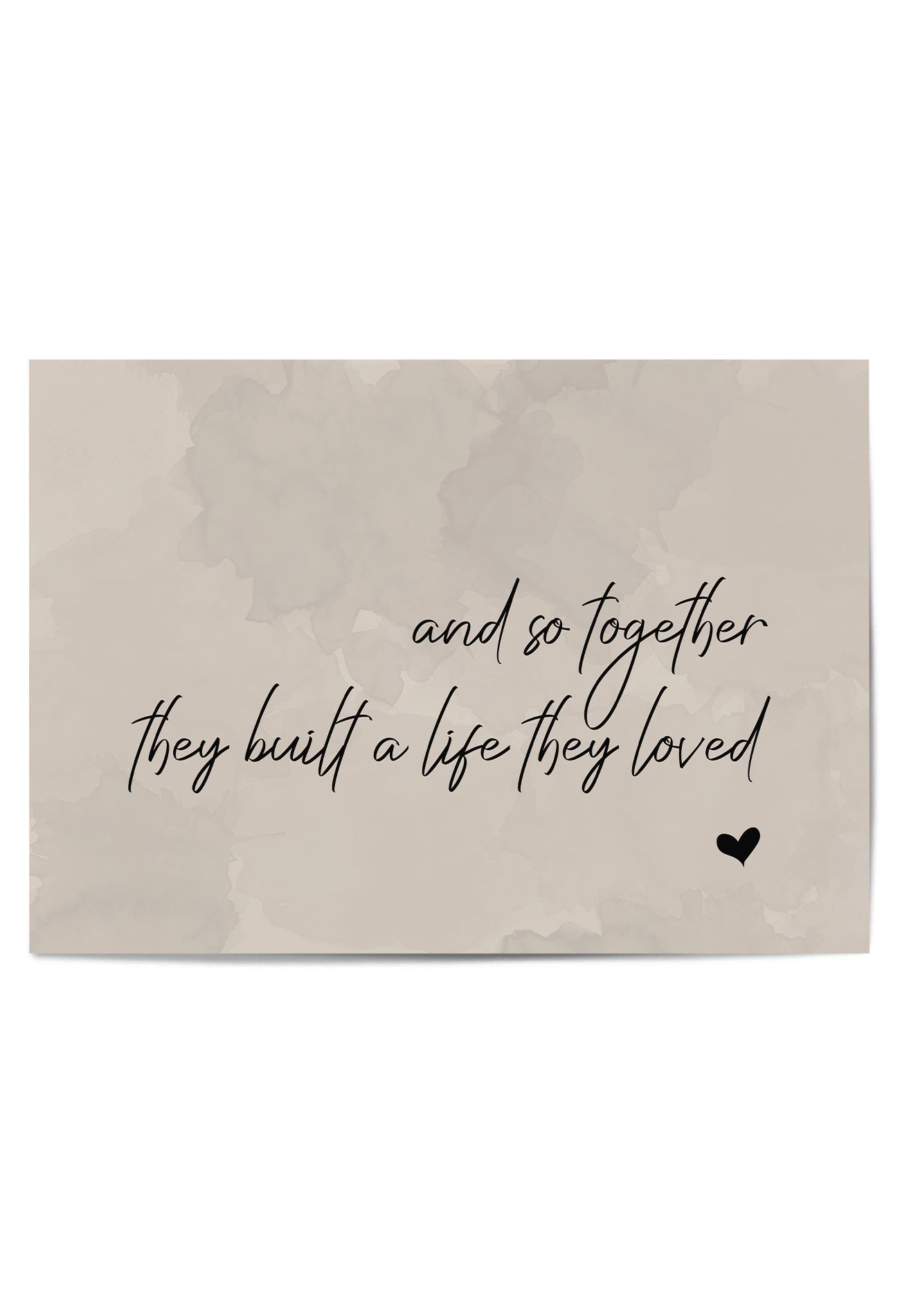 Flat lay of the unframed wall print with romantic message on neutral tones