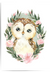 Watercolor owl nursery art print featuring a cute owl framed by pink flowers and green leaves on a sage green background
