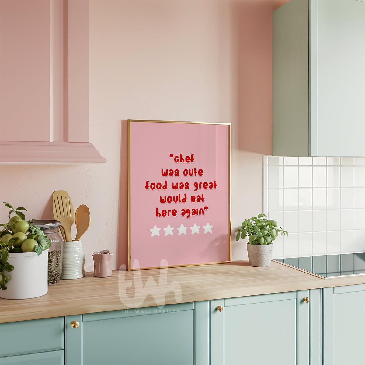Modern pink typography kitchen decor