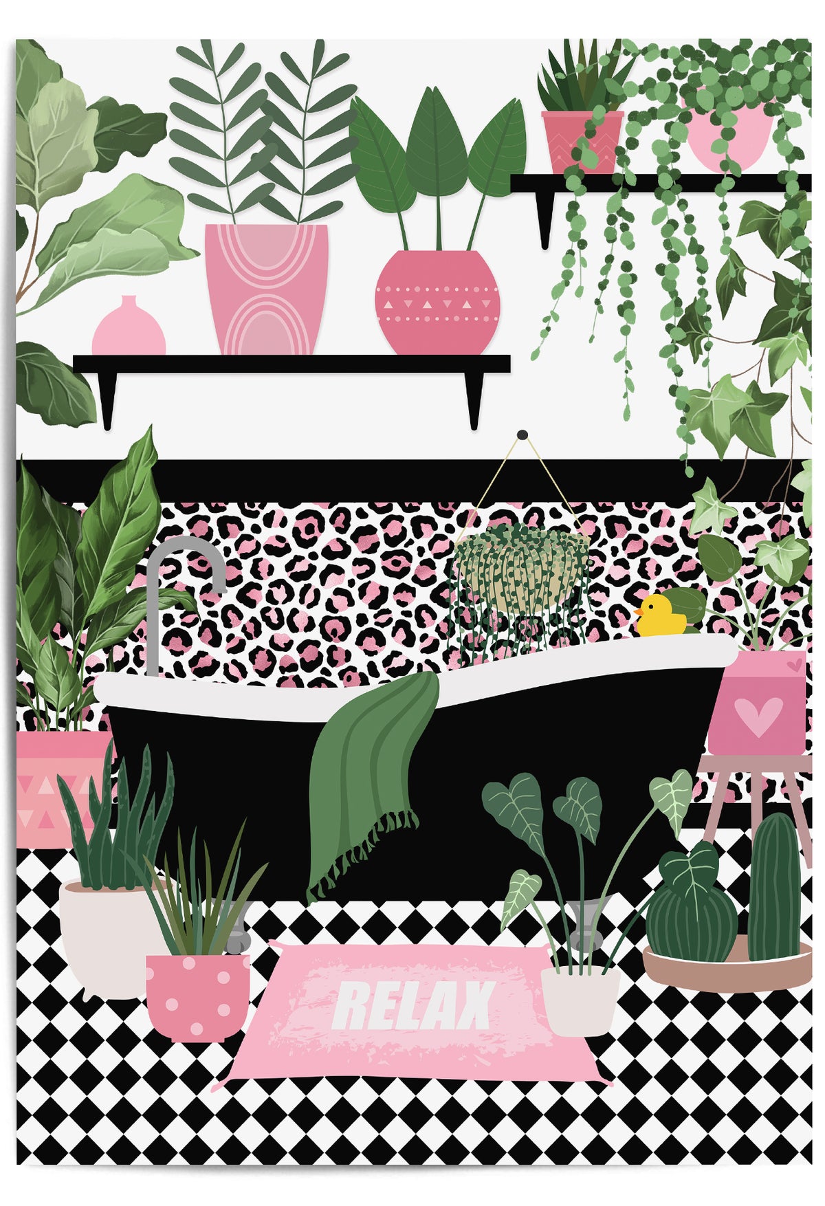 pink and black bathroom tub print