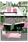 pink and black bathroom tub print