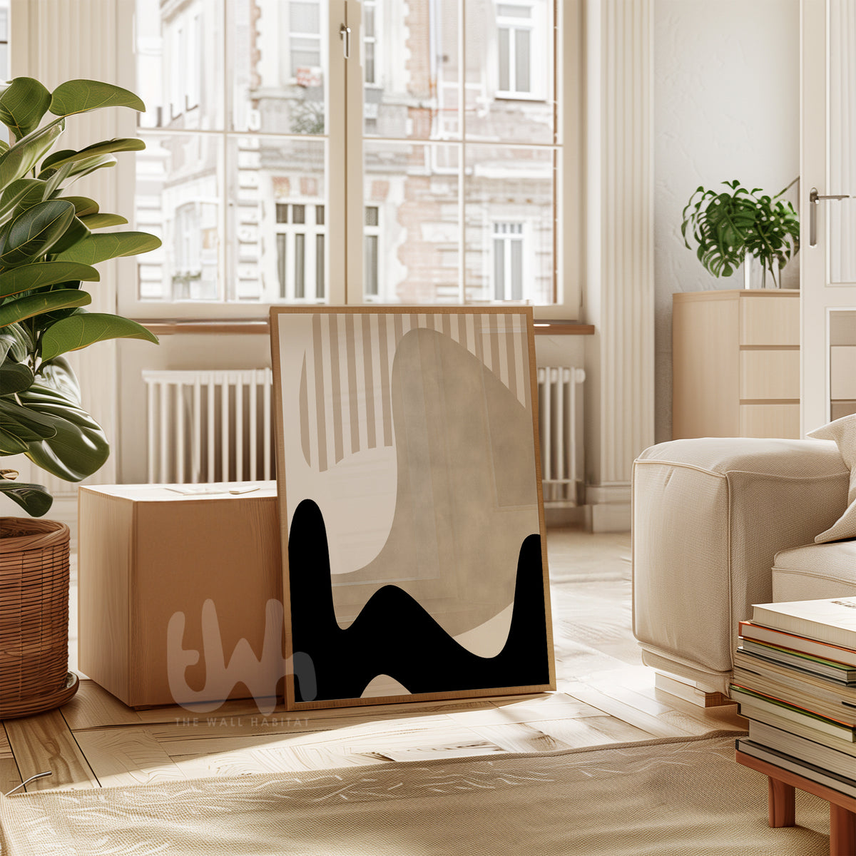 Modern living room with abstract art piece, plants, and furniture.
