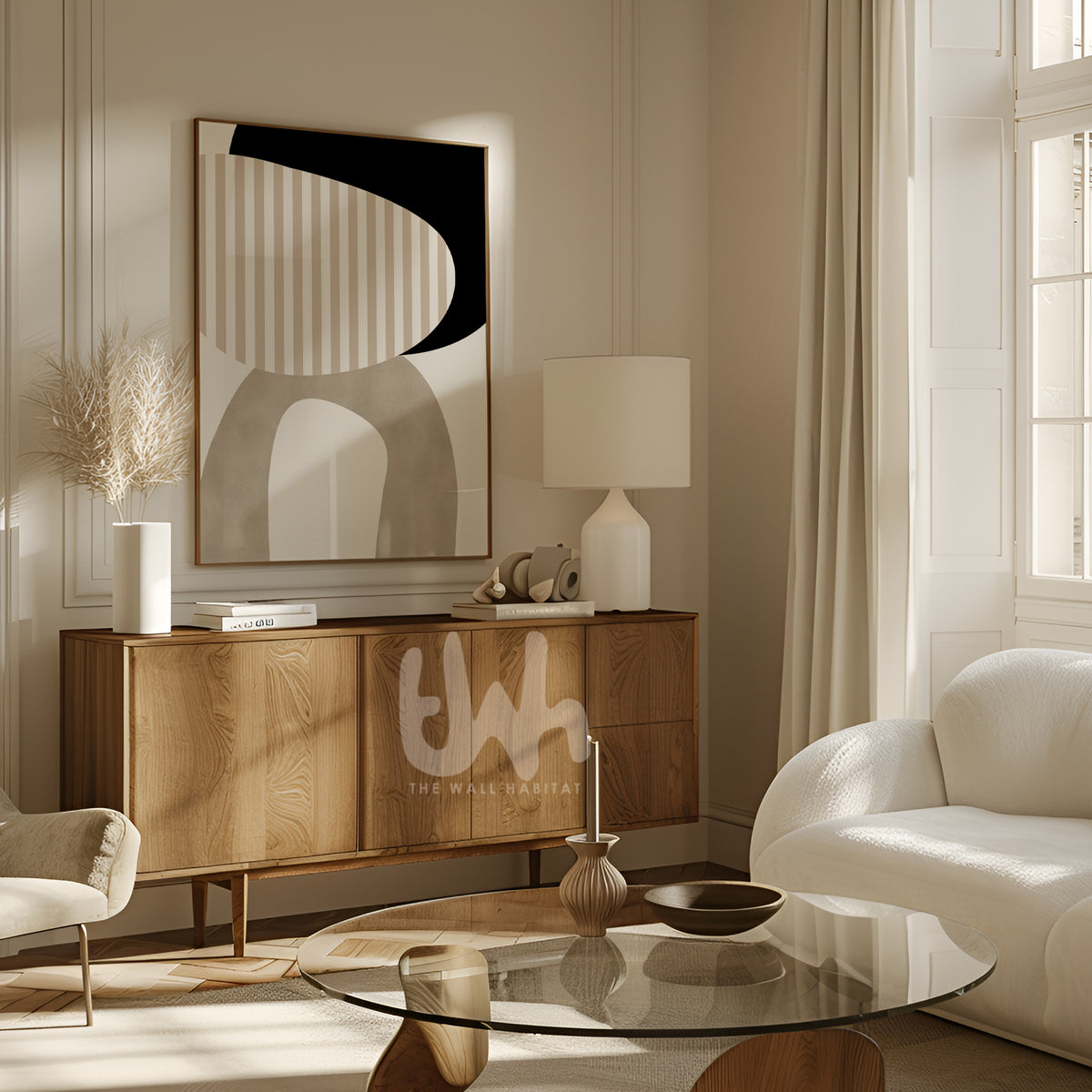 Modern living room with wooden sideboard, white armchair, and abstract art.