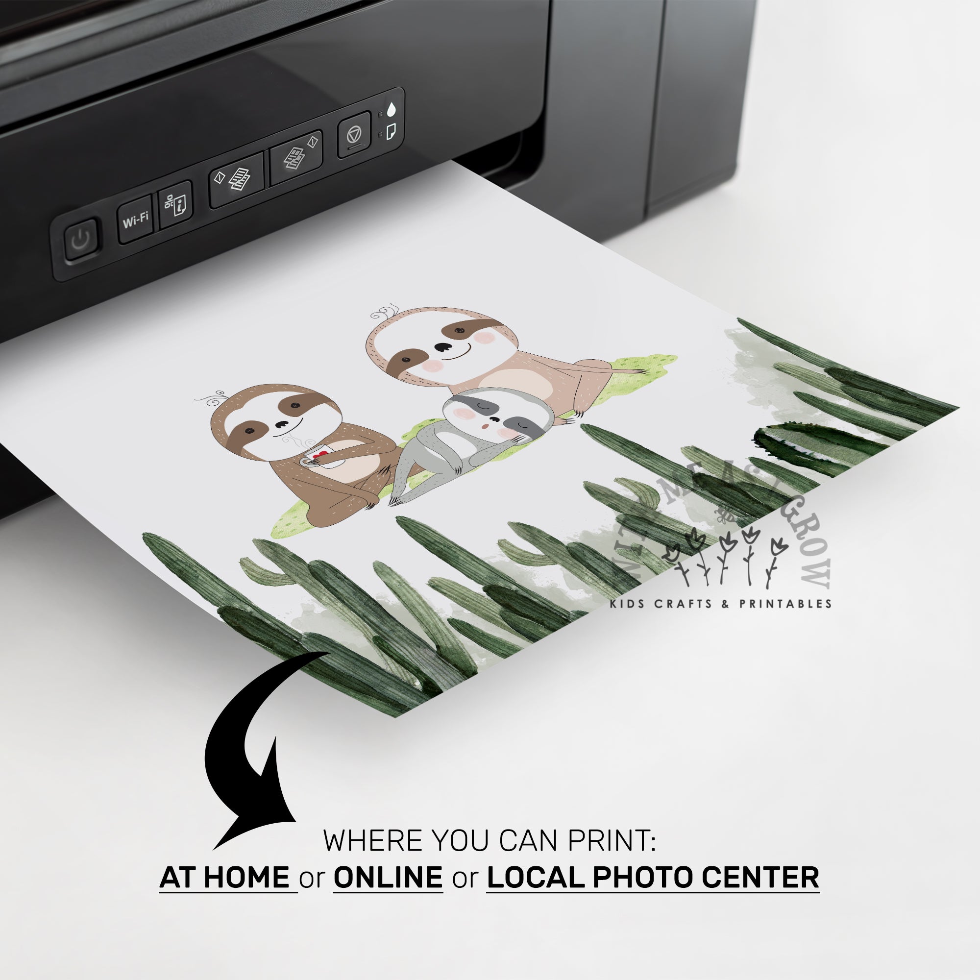 A close-up of a printer releasing a printed card featuring two cartoon sloths among green cactus leaves. Text at the bottom says where you can print: at home, online, or local photo center.