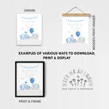 A promotional graphic showing three ways to download, print, and display a children's party print: as a canvas print, hanging from a wooden hanger, and framed in a black frame. The print features a blue and gray elephant illustration with balloons and the text 