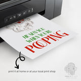 Digital Christmas bathroom wall art printable featuring funny Santa pooping quote emerging from home printer