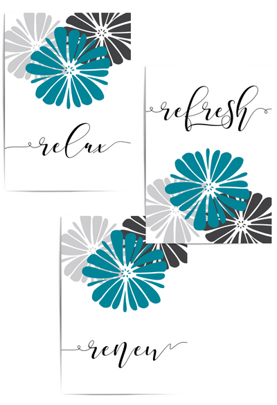 relax refresh renew teal grey bathroom prints