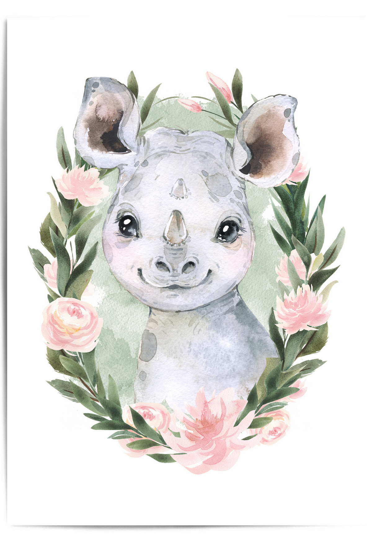 Watercolor baby rhino nursery wall art with sage green background and pink floral wreath – perfect for jungle-themed baby décor