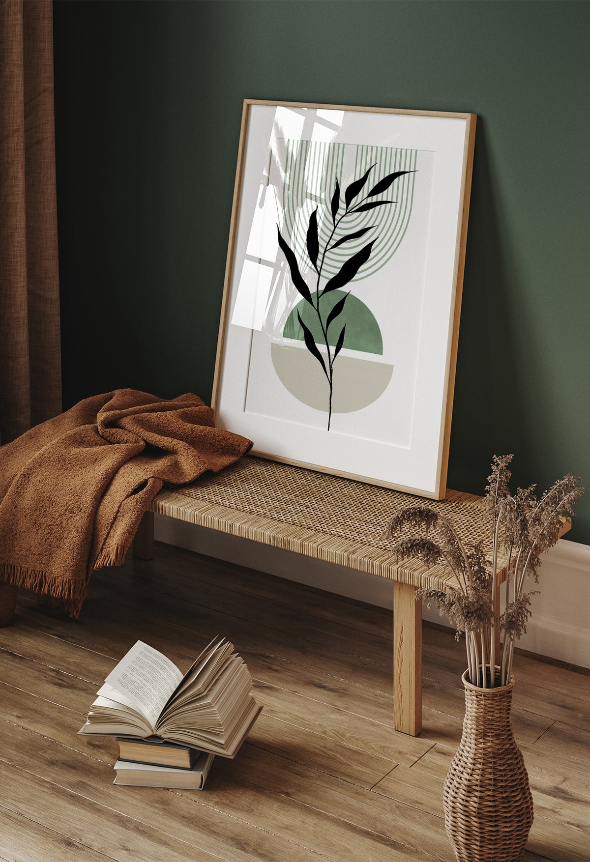 sage green and beige mid century prints
