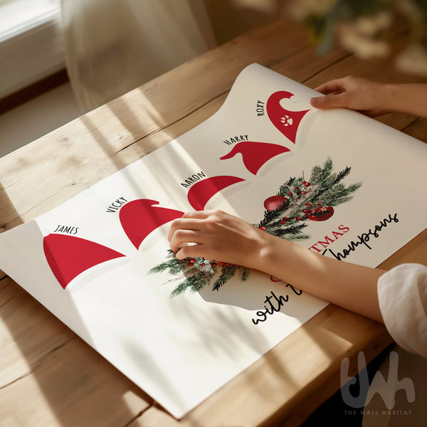 Personalised Family Christmas Hat Print – Custom Family Names Christmas Wall Art, Festive Holiday Decor