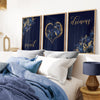 set of 3 blue and gold bedroom prints