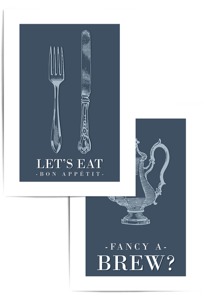 set of 2 blue retro styled kitchen prints