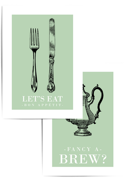 set of 2 lets eat and fancy a brew sage green kitchen prints for farm house