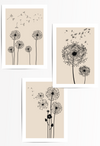 set of 3 black and beige dandelion wall art