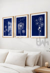 Set of 3 Navy Blue Dandelion Flower Wall Art Prints