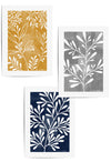 mustard yellow, navy blue and grey botanical leaf prints