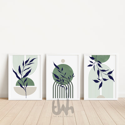 Set of 3 Navy Blue & Sage Green Mid-Century Modern Wall Art Prints – Abstract Botanical Poster Set for Living Room, Bedroom, or Office