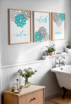 set of 3 bathroom prints in teal and grey