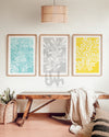 Yellow Teal Blue and Grey Botanical Leaf Wall Art Prints