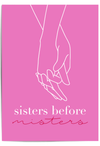 Sisters Before Misters Galentines Day wall art with pink background and minimalist hand illustration