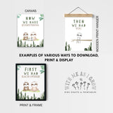 A promotional graphic showing three wall-art print examples with different display methods: canvas, wooden print hanger, and print & frame. The designs feature cactus silhouettes, sloth illustrations, and text such as “NOW WE HAVE EVERYTHING,” “THEN WE HAD YOU,” and “FIRST WE HAD EACH OTHER.