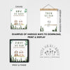 A promotional graphic showing three wall-art print examples with different display methods: canvas, wooden print hanger, and print & frame. The designs feature cactus silhouettes, sloth illustrations, and text such as “NOW WE HAVE EVERYTHING,” “THEN WE HAD YOU,” and “FIRST WE HAD EACH OTHER.