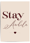 Stay Awhile burgundy welcome quote wall art on cream background