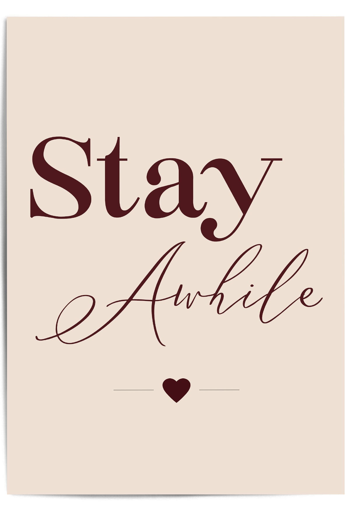 Stay Awhile burgundy welcome quote wall art on cream background