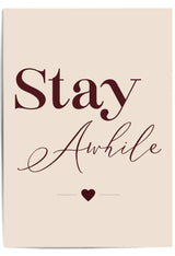 Stay Awhile burgundy welcome quote wall art on cream background
