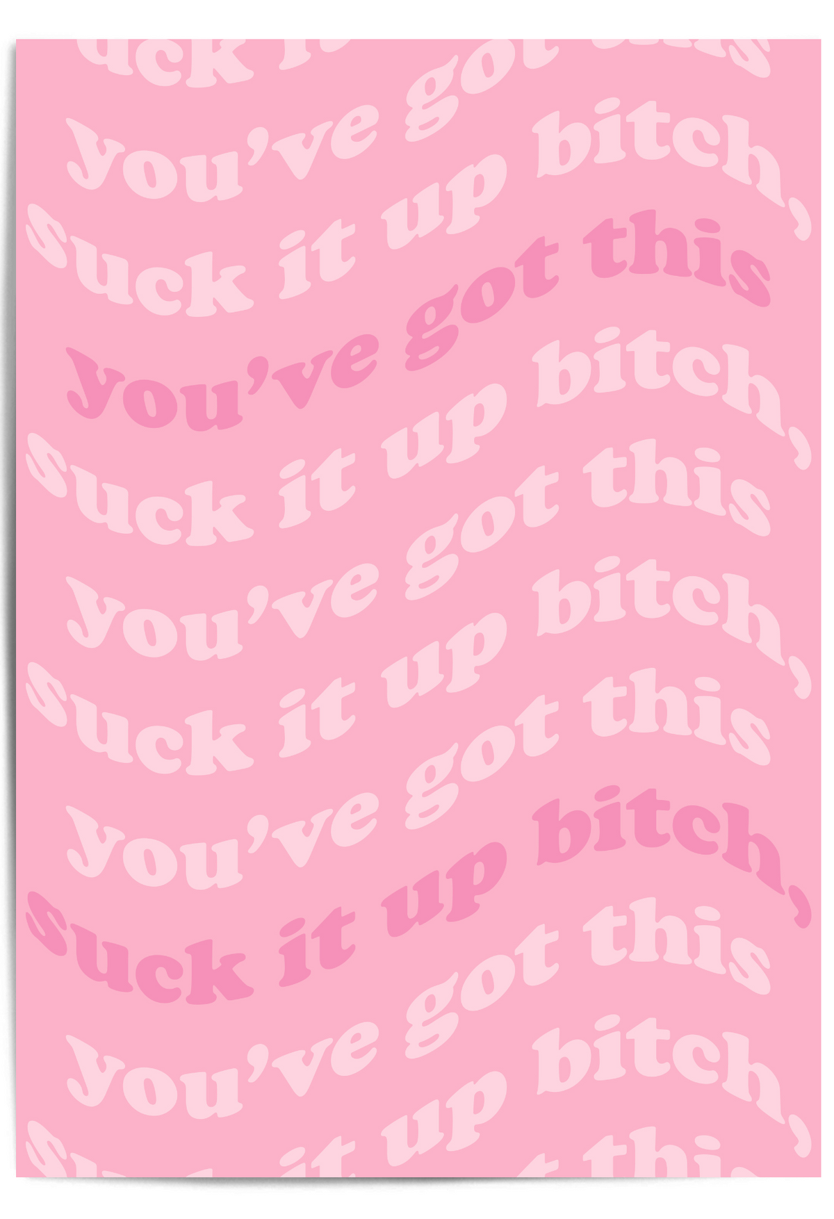 a pink motivational art print with “Suck it up bitch” and “You’ve got this” text.