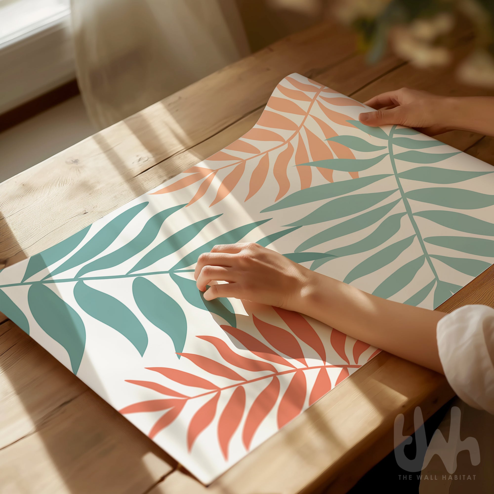 Set of 3 tropical botanical wall art prints in coral peach and teal, featuring modern leaf illustrations with a coastal and boho aesthetic – perfect for living room, bedroom, or office decor.