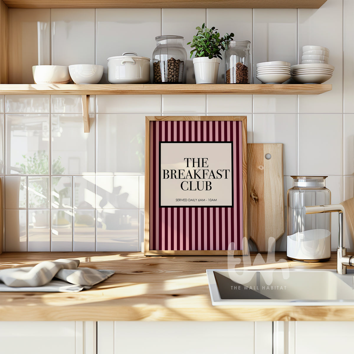 The Breakfast Club burgundy kitchen wall art with pink and wine red vertical stripes