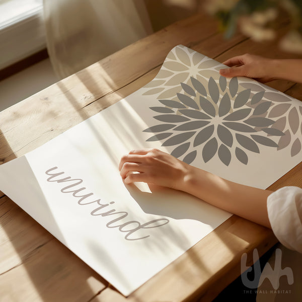 unwind greige bathroom wall art close up