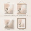 A styled collage showing multiple ways to print and display a botanical abstract wall art design. The design features soft blush, beige, and gray watercolor shapes with a dark olive leaf motif.