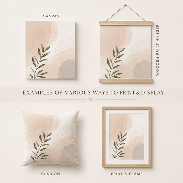 A styled collage showing multiple ways to print and display a botanical abstract wall art design. The design features soft blush, beige, and gray watercolor shapes with a dark olive leaf motif.
