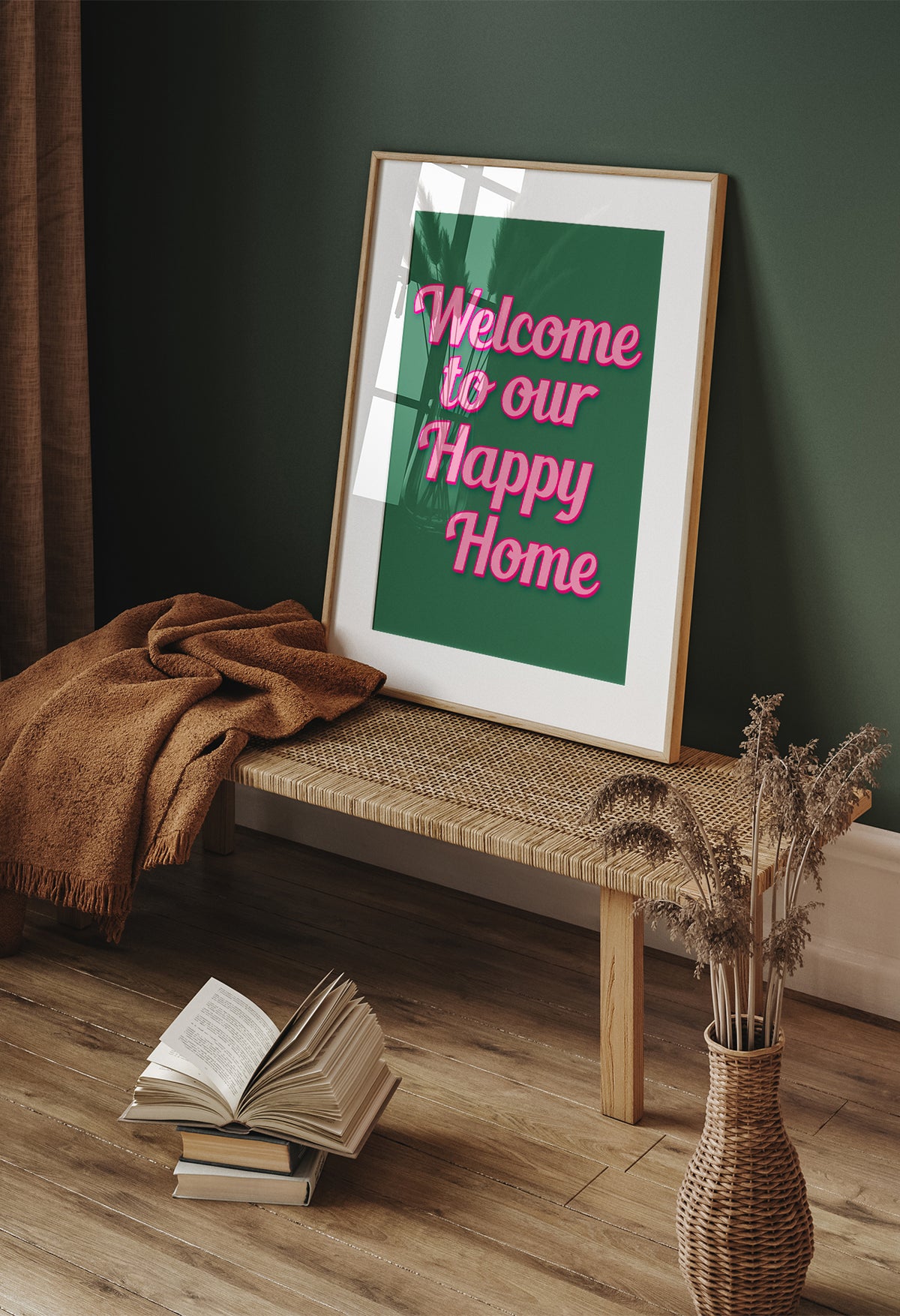 Bold wall art print with pink retro-style text reading 'Welcome to Our Happy Home' on a green background – perfect for cheerful home décor